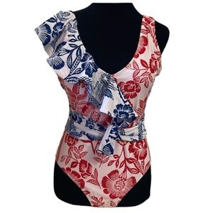 Floral Ruffle One Shoulder One Piece Swimsuit Red Blue White Tie Waist